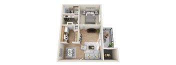 A 3D floor plan of a small apartment with a kitchen, living room, and bedroom.