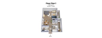 A floor plan of a 572 square foot studio apartment with one bath.
