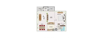 A floor plan of a house with a living room, dining room, kitchen, and bathroom.