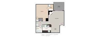 A floor plan of a one bedroom apartment with one bath.