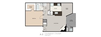 A floor plan of a one bedroom apartment with one bath.