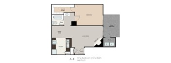 A floor plan of a one bedroom apartment with one bath.