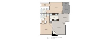 A floor plan of a two bedroom apartment with two bathrooms.