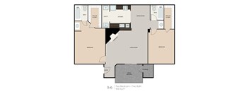 A floor plan of a two bedroom apartment with two bathrooms.