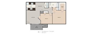 A floor plan of a one bathroom apartment with two bedrooms.