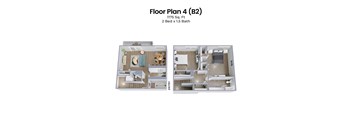 A floor plan for a 2 bedroom apartment with 1.5 bathrooms.