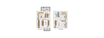 A floor plan of a two-story house with a porch, dining area, kitchen, living room, two bedrooms, and two bathrooms.