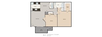 A floor plan of a two bedroom apartment with one bathroom.