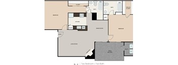 A floor plan of a two bedroom, two bathroom apartment.