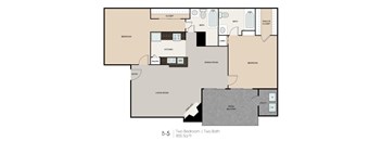 A floor plan of a two bedroom apartment with two bathrooms.