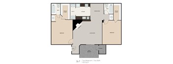 A floor plan of a two bedroom apartment with two bathrooms.