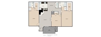 A floor plan of a three bedroom apartment with two bathrooms.