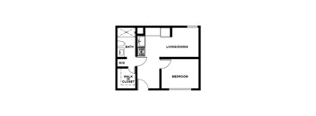A floor plan of a small apartment with a bathroom, living/dining area, and bedroom.