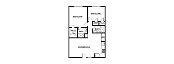 A floor plan of a two bedroom apartment with a living/dining area.