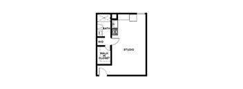 A floor plan of a room with a bath, walk in closet and a studio.