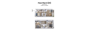 A floor plan of a 1341 square foot apartment with two bedrooms and two and a half baths.
