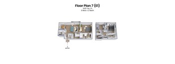 A floor plan of a 1037 square foot apartment with three beds and two baths.