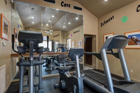 A gym with treadmills and elliptical machines.
