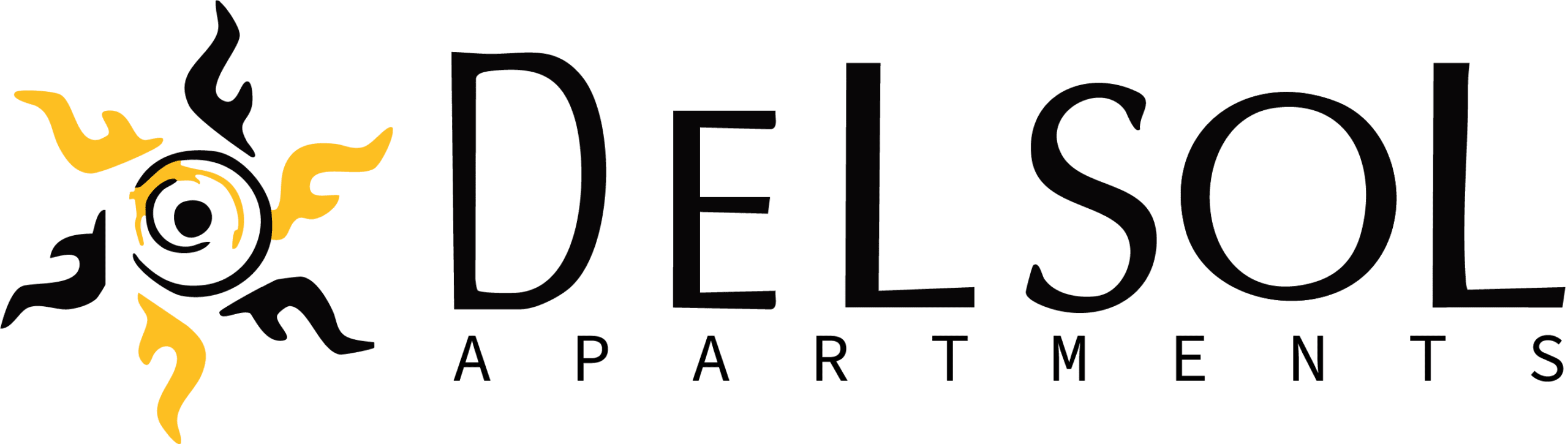 The image is a logo for Del Sol Apartments, featuring a stylized sun with a face in the center.