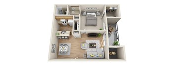 A 3D floor plan of a small apartment with a kitchen, living room, and bedroom.