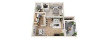 A 3D floor plan of a house with a kitchen, living room, and bedrooms.