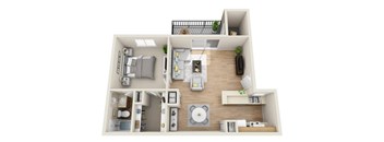 A 3D floor plan of a small apartment with a kitchen, living room, and bedroom.
