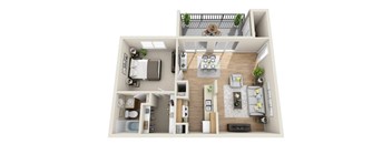 A top-down view of a two-bedroom apartment with a living room, kitchen, and bathroom.