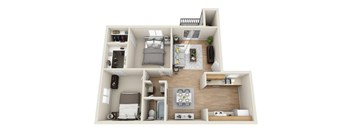 A 3D floor plan of a small apartment with a kitchen, living room, and bedroom.
