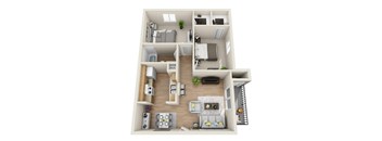 A 3D floor plan of a small apartment with a kitchen, living room, and bedroom.