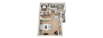 A top-down view of a house layout with multiple rooms and furniture.