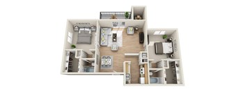 A 3D floor plan of a small apartment with a kitchen, living room, and bedroom.