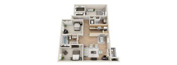 A 3D floor plan of a house with a kitchen, living room, and bedrooms.