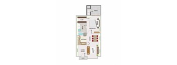 A floor plan of a house with a living room, kitchen, dining room, bedroom, bathroom, and closet.
