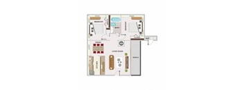 A floor plan of a house with a living room, dining room, kitchen, and two bedrooms.