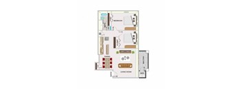 A floor plan of a house with a bedroom, living room, and dining area.