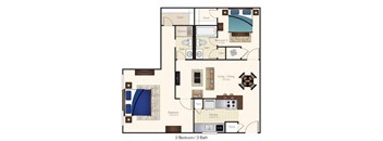 A floor plan of a 2 bedroom apartment with 2 bathrooms.