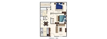 A floor plan of a two bedroom apartment with one bathroom.
