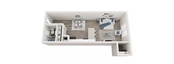 A white and wood floor plan of a small apartment.