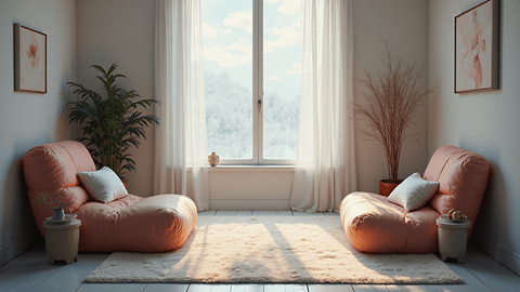 Two orange sofas are placed in a room with a large window and a plant.