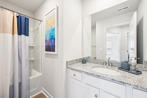 A bathroom with a white counter top and a painting on the wall.