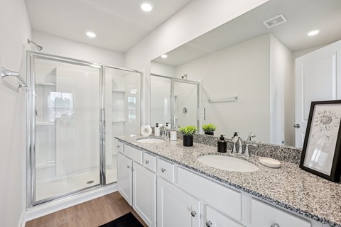 A bathroom with a sink, mirror, and shower.