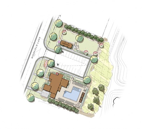 A drawing of a building with a pool in the middle of it.