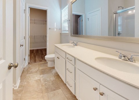 A bathroom with a sink, toilet, and a mirror.