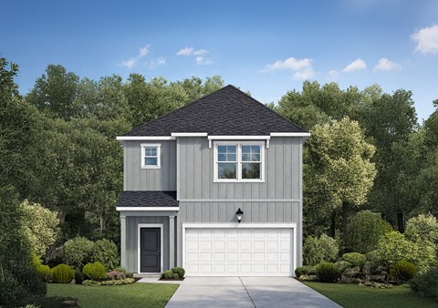 A modern house with a grey exterior and a black roof.