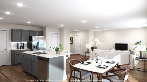 A modern kitchen with a dining table set for four.