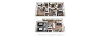 A floor plan of a two-story apartment with a garage.