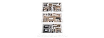 A 3D floor plan of a house with three bedrooms, a living room, a kitchen, and a garage.