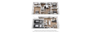 A floor plan of a two-story house with a garage on the bottom floor and a living area on the top floor.