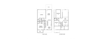 A black and white diagram of a two-story house with labeled rooms.