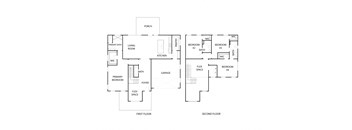 A black and white diagram of a two-story house with labeled rooms.
